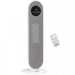 HOMCOM Chauffage colonne soufflant oscillant 1300/2000 W avec télécommande incluse - radiateur d'appoint blanc - 21 x 21 x 63,5 cm