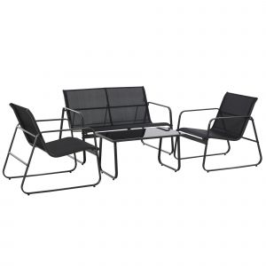 Outsunny Ensemble Table avec Banc et 2 Chaises de Jardin, Mobilier d'Ext&eacute;rieur en M&eacute;tal et Textil&egrave;ne, Noir