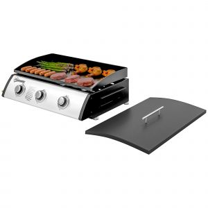 Outsunny Plancha gaz 3 br&ucirc;leurs 7,5 kW, surface cuisson 61 x 35,5 cm avec couvercle, gaz liqu&eacute;fi&eacute;/propane, 63 x 47 x 25 cm noir