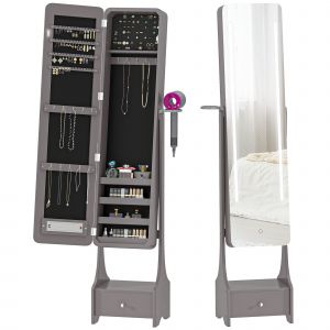 HOMCOM Miroir &agrave; bijoux avec LED Armoire &agrave; bijoux avec miroir pleine longueur angle r&eacute;glable tiroir extinction automatique Gris