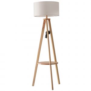 Homcom Lampadaire trépied design scandinave dim. 50L x 50l x 154 cm 40 W max. étagère intégrée bois massif pin abat-jour toile lin beige