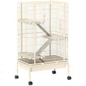 PawHut Cage pour lapin enclos &agrave; 4 niveaux avec 2 portes 3 rampes plateau profond roulettes 69 x 44 x 120 cm beige