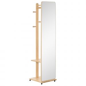 HOMCOM Miroir sur pied avec roulettes - portant, 4 patères étagère 40l x 44,5P x 170H cm aspect bois