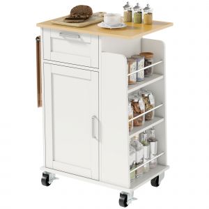 HOMCOM Chariot de Cuisine avec Tiroir, Armoire, Porte-Serviette et 3 Porte-&eacute;pices, en Bois, 62x40x87 cm, Blanc