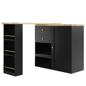 Table de bar pivotante &agrave; 360&deg; avec 2 tiroirs et armoire &agrave; porte coulissante, 3 niveaux de rangement ouvert, Noir
