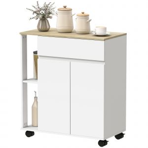 HOMCOM Desserte de cuisine avec tiroir, placard et 2 &eacute;tag&egrave;res lat&eacute;rales, en bois, 78x39.5x88.5 cm, Blanc et Ch&ecirc;ne