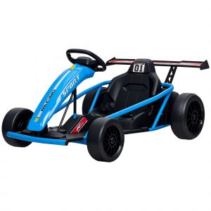 AIYAPLAY Gokart &eacute;lectrique 24V pour conduire et drifter, pneus en nylon, ceinture de s&eacute;curit&eacute;, klaxon, musique pour 8-12 ans Bleu