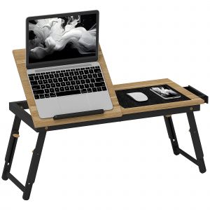 HOMCOM Table de lit pliable et réglable, plateau de lit pour ordinateur portable en bambou - plateau inclinable, tiroir, chêne