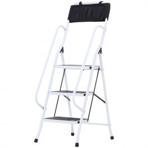 HOMCOM Échelle Pliable 3 marches 4 Pied Antidérapants Avec Sac à Outils 51 x 66 x 31 cm Blanc et Noir aosom france