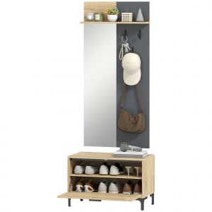 HOMCOM Ensemble d'entr&eacute;e pour hall, banc &agrave; chaussures, miroir, 3 crochets, &eacute;tag&egrave;re ouverte, meuble d'entr&eacute;e, Bois naturel+Gris