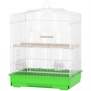 PawHut Cage pour oiseaux Voli&egrave;re en acier avec 2 Mangeoires 2 Perchoirs Balan&ccedil;oire et Plateau Amovible Poign&eacute;e 46,5x36x59 cm Vert