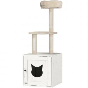 PawHut Arbre à chat avec maison de toilettes, tour de jeu 2-en-1 de 129 cm avec cache-litière, poteaux à griffer, crème