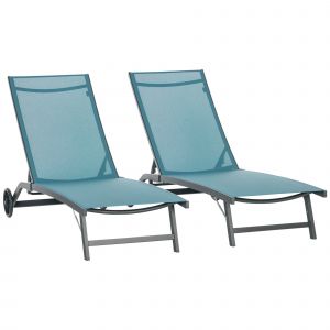 Outsunny Lot de 2 bains de soleil Transat en aluminium et textilène avec roulettes dossier inclinable charge max. 150 Kg bleu   Aosom France