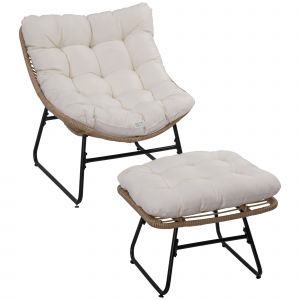 Outsunny Fauteuil chaise de jardin avec repose-pieds en m&eacute;tal &eacute;poxy et r&eacute;sine tress&eacute;e aspect rotin avec coussins moelleux - naturel