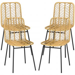 HOMCOM Lot de 4 chaises de salle &agrave; manger design boh&egrave;me en r&eacute;sine tress&eacute;e et pi&egrave;tement m&eacute;tal 44 x 58 x 85 cm jaune