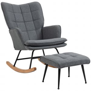 HOMCOM Fauteuil à bascule avec repose-pieds, rocking chair, assise large, dossier haut, coussin inclus, 64 x 89 x 90 cm, gris