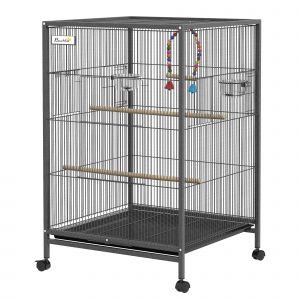 PawHut Cage oiseau sur pied cage sur roulettes avec balançoire, perchoirs et plateau coulissant 48 x 46 x 74 cm en acier noir