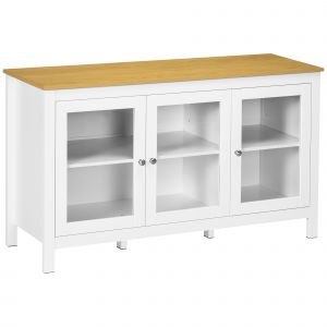 HOMCOM Buffet meuble de rangement avec 3 portes vitrées 2 étagères réglables plateau aspect bois clair 120 x 40 x 70 cm blanc