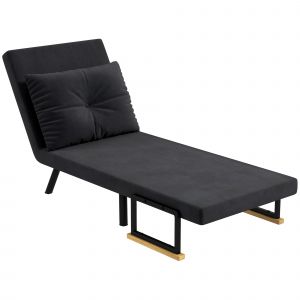 HOMCOM Fauteuil convertible 4 en 1 lit 1 place dossier 5 positions, accoudoirs en bois et coussin, tissu effet velours, noir