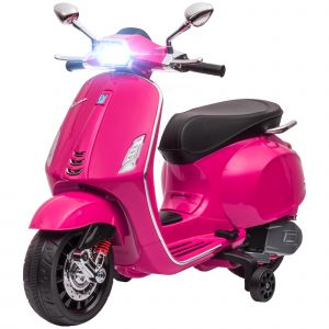 AIYAPLAY Scooter &eacute;lectrique enfant Vespa 6 V dim. 107L x 47l x 73H cm Musique MP3 Port USB Phare 2 roues d'entra&icirc;nement - Rose