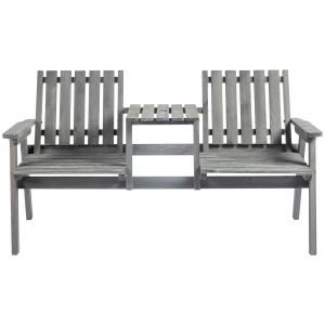 Outsunny Banc de jardin avec table, ensemble de si&egrave;ges, meubles de jardin, avec trou pour parasol, banc, 2 chaises, bois massif, Gris, 152 x 70 x 83 cm