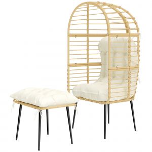 Outsunny Fauteuil de jardin avec pouf PE Rattan forme &oelig;uf fauteuil en rotin avec longs & &eacute;pais coussins cadre m&eacute;tal Beige