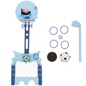 HOMCOM Panier de Basket pour Enfants Boucle Basket-ball Football Golf 4 en 1 Hauteur Réglable Bleu