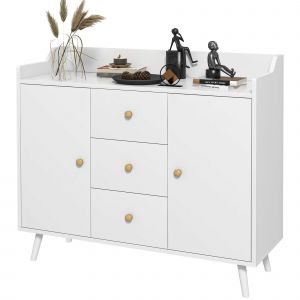 HOMCOM Buffet, meuble de rangement avec 2 portes, 3 tiroirs et pieds en bois massif, style moderne, 90 x 32 x 80 cm, blanc