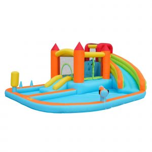 Ch&acirc;teau gonflable multifonctionnel avec toboggan aquatique, trampoline, panier de basket et pistolet &agrave; eau, pour utilisation s&egrave;che et humide, 460x343x190 cm, Orange