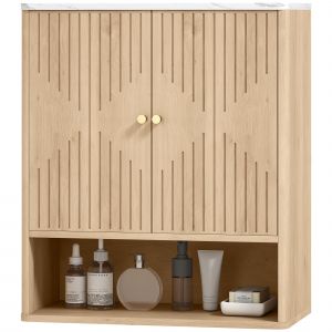 HOMCOM Armoire murale de salle de bain, meuble de rangement avec compartiment ouvert et &eacute;tag&egrave;re r&eacute;glable, 60 x 18 x 70 cm ch&ecirc;ne