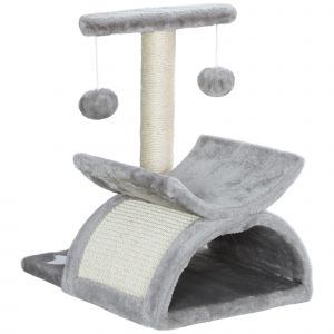 PawHut Arbre &agrave; chat, tour de jeux pour chats avec pont &agrave; griffer en sisal, tunnel demi-rond 2 balles 40 x 30 x 43 cm gris