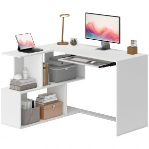 HOMCOM Bureau d'angle bureau en L avec étagères de rangement, plateau à clavier coulissant, 120x100x76cm, blanc