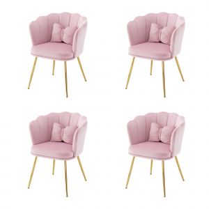 Ensemble de 4 chaises de salle à manger rembourrées en velours avec dossier en forme de pétale, pieds métalliques dorés et coussins papillon, Rose