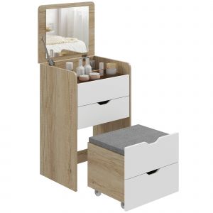 HOMCOM Coiffeuse de Maquillage 3 en 1 avec Tabouret Caché et Miroir Rabattable Table de Maquillage en Verre Visible Chêne et Blanc