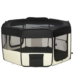 PawHut Parc Octogonal Pliable pour Chiens Chats en Tissu Oxford et Acier Noir Crème Ø120x58cm   Aosom France