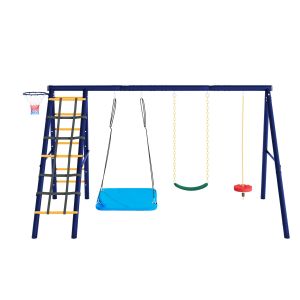 Balançoires multifonctionnel, Balancoire bébé pour l'extérieur avec structure d'escalade, panier de basket, 310x174x203cm, Bleu antique   Aosom France
