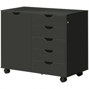 HOMCOM Caisson de bureau avec 5 tiroirs 1 porte étagère réglable, support imprimante sur roulettes, 78x40x66,5 cm, noir