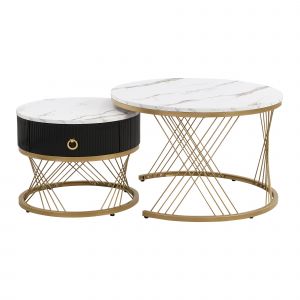 Table basse ronde Tables basses gigognes Table de salon modulables en marbre synthétique avec tiroirs, 70x70x45cm et 50x50x40cm, Blanc   Aosom France