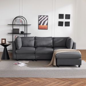 Canapé-lit d'angle moderne trois places avec repose-pieds, coussins lombaires réglables et accoudoirs rembourrés, 220x157x81 cm, Gris