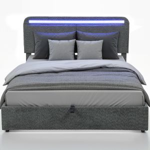 HOMCOM Lit coffre 140 x 190 cm avec &eacute;clairage LED, t&ecirc;te de lit r&eacute;glable, cadre de lit double, sommier &agrave; lattes en bois, gris