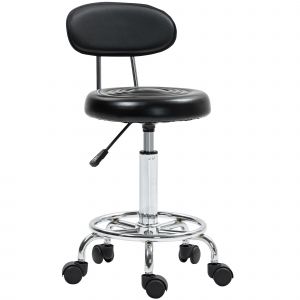HOMCOM Tabouret &agrave; roulettes, tabouret de massage avec hauteur r&eacute;glable 70-86 cm et dossier, pivotant 360&deg;, noir
