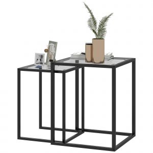 HOMCOM Lot de 2 tables basse gigogne, tables d'appoint empilable, plateau verre tremp&eacute; cadre acier, patins antid&eacute;rapants, noir