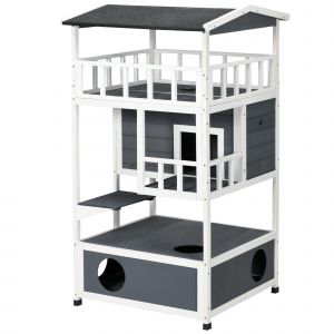 PawHut Maison pour chats en bois de pin avec terrasse 4 &eacute;tages Villa pour chats avec escalier Toit en asphalte R&eacute;sistant &agrave; l'hiver Gris 75,5x75x137cm