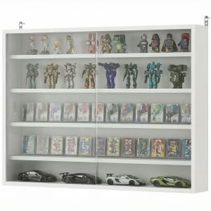 HOMCOM Vitrine murale en bois avec &eacute;tag&egrave;res r&eacute;glables et 2 portes coulissantes en verre 80x9,5x60 cm Blanc