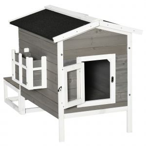 PawHut Maisonnette pour chats niche ext&eacute;rieure sur&eacute;lev&eacute; avec terrasse &eacute;tanche en bois, dim. 115L x 66,5P x 74,7H cm, gris