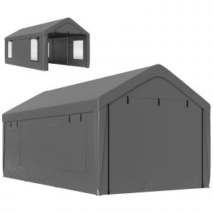 Outsunny Carport tente de garage 3 x 6 m avec parois lat&eacute;rales amovibles, 2 portes enroulables et 4 fen&ecirc;tres, gris fonc&eacute;