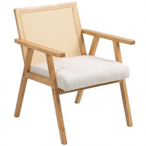 HOMCOM Fauteuil de salon en bois, chaise cannage avec dossier en rotin et coussin rembourré et accoudoirs, bois naturel