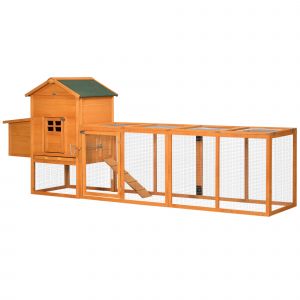 PawHut Poulailler en bois poulailler pour poules ext&eacute;rieur avec pondoir bac amovible en bois massif 297,5 x 68 x 118 cm orange