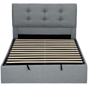 HOMCOM Lit coffre 140x190, cadre de lit double rembourr&eacute; avec sommier &agrave; lattes en bois et rangement cach, sans matelas, gris