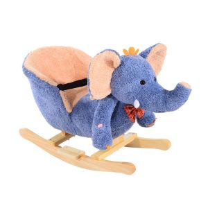 HOMCOM Cheval El&eacute;phant Animal &agrave; Bascule Musical Ceinture de S&eacute;curit&eacute; en Bois et Court Peluche Bleu